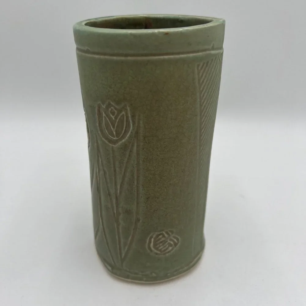 Tulip green studio pottery Asian inspired stamp signed spring vase